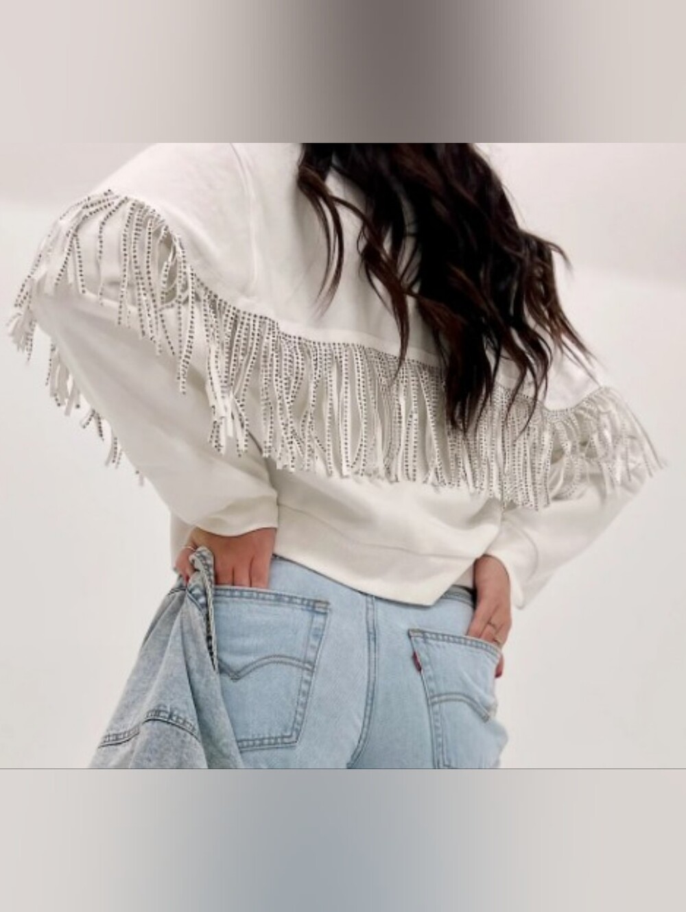 White Fringe Rhinestone Sweatshirt